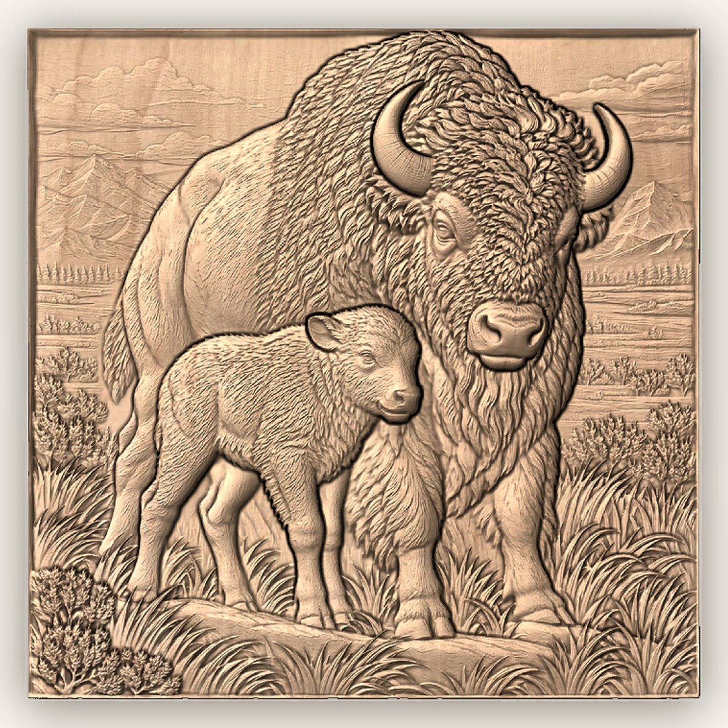 American Bison Buffalo and Calf CNC Relief STL bas-relief STL — view 4