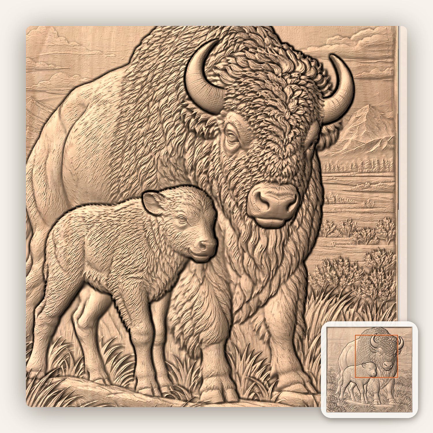American Bison Buffalo and Calf CNC Relief STL bas-relief STL — view 6