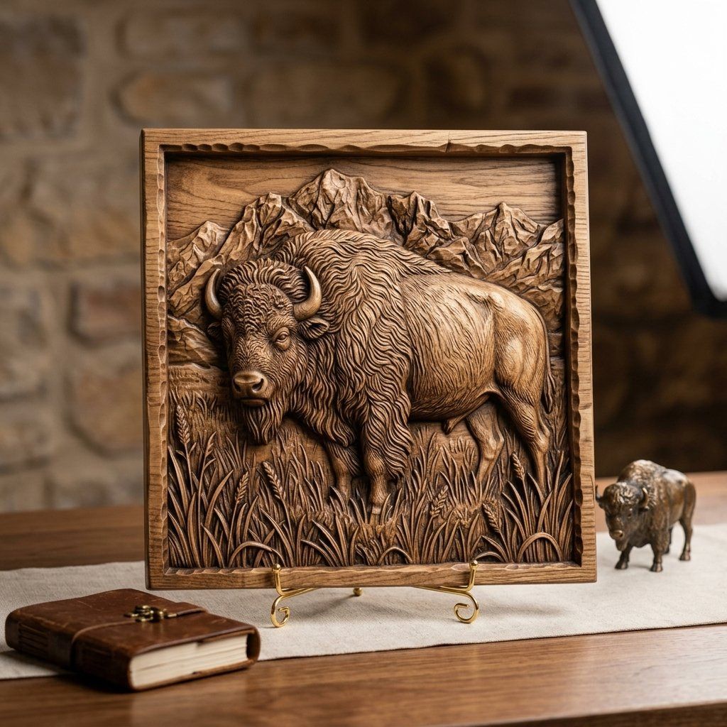 American Bison Buffalo Mountain Scene CNC Relief STL bas-relief STL — view 3