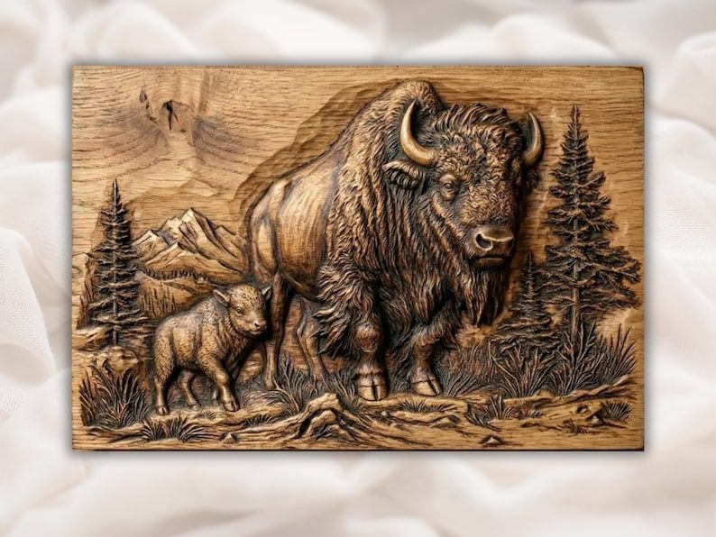Carved wood bas-relief of an American bison standing over a calf with pine trees and mountains behind
