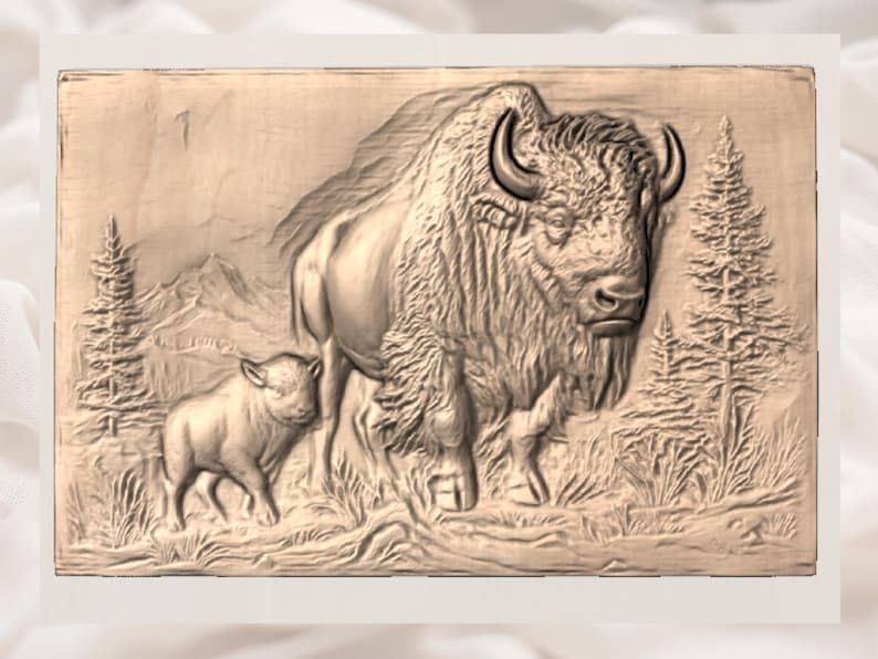 American Bison and Calf Mountain Scene Bas-Relief STL bas-relief STL — view 2