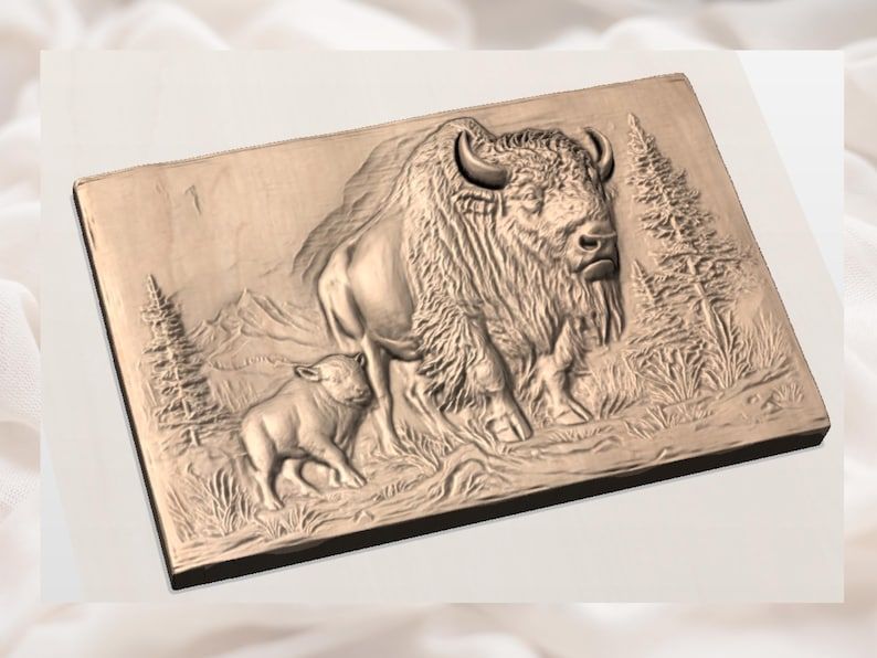 American Bison and Calf Mountain Scene Bas-Relief STL bas-relief STL — view 3