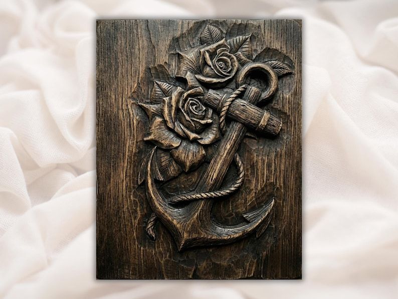 Carved wood relief of a ship's anchor wrapped in rope with two roses against a wood grain panel