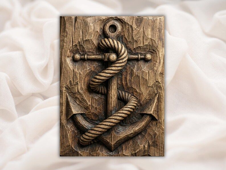 Bas-relief carving of a ship anchor wrapped in twisted rope on a weathered, cracked wood plank.