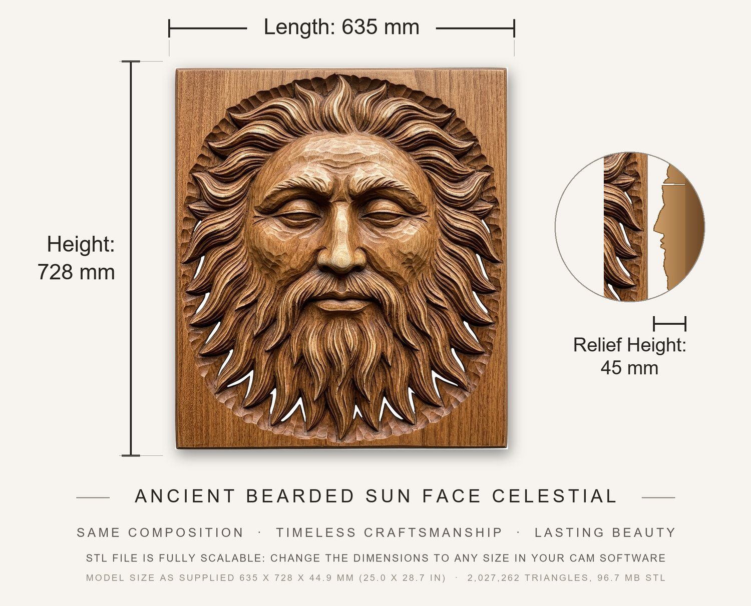 Ancient Bearded Sun Face Celestial CNC Relief STL bas-relief STL — view 3