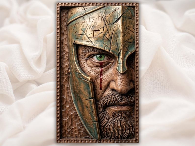 Bas-relief carving of a Spartan warrior in a scratched helmet with a green eye and a blood tear