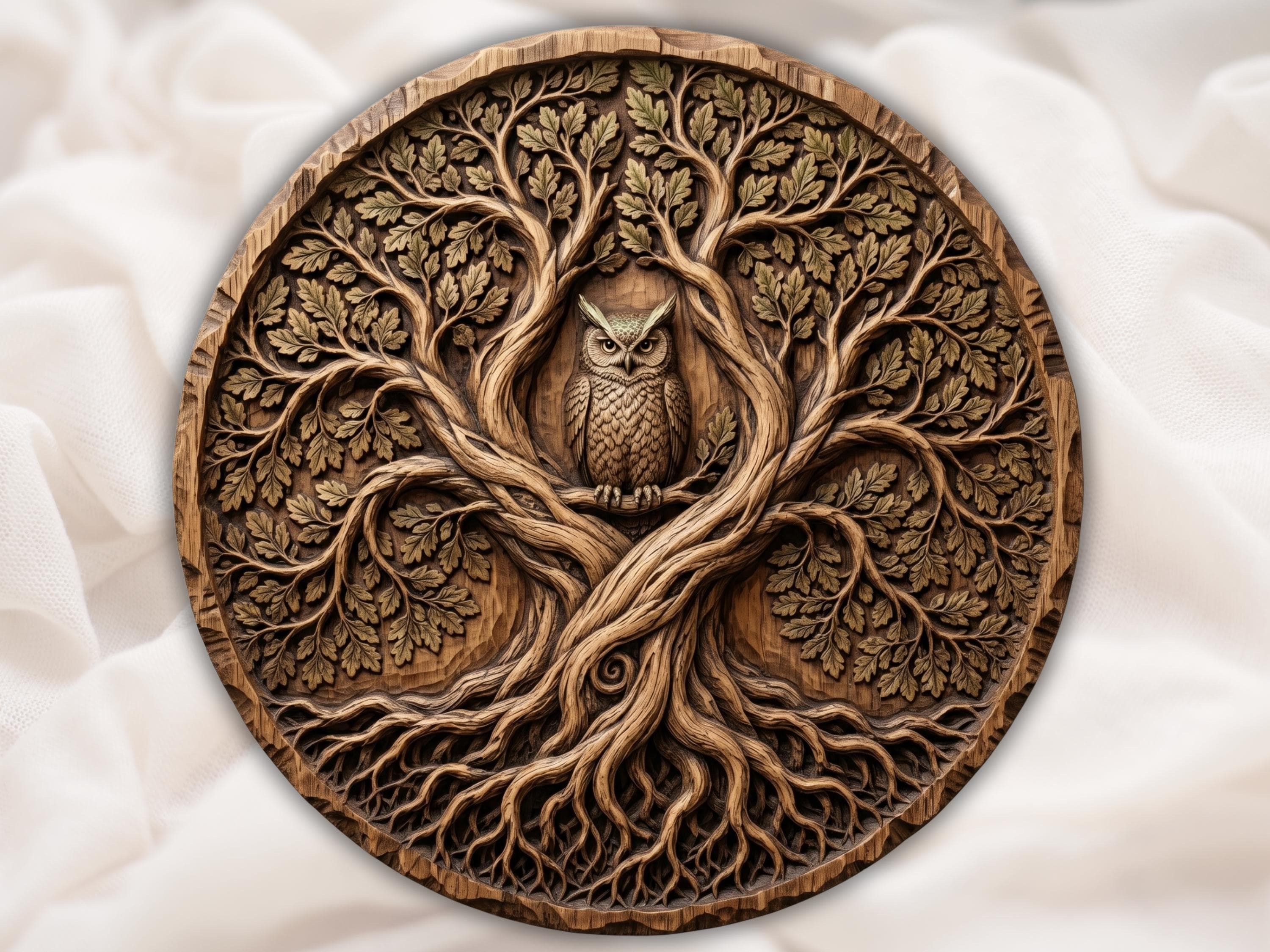 Carved wood relief of an owl perched in an ancient oak with twisting roots, branches, and leaves
