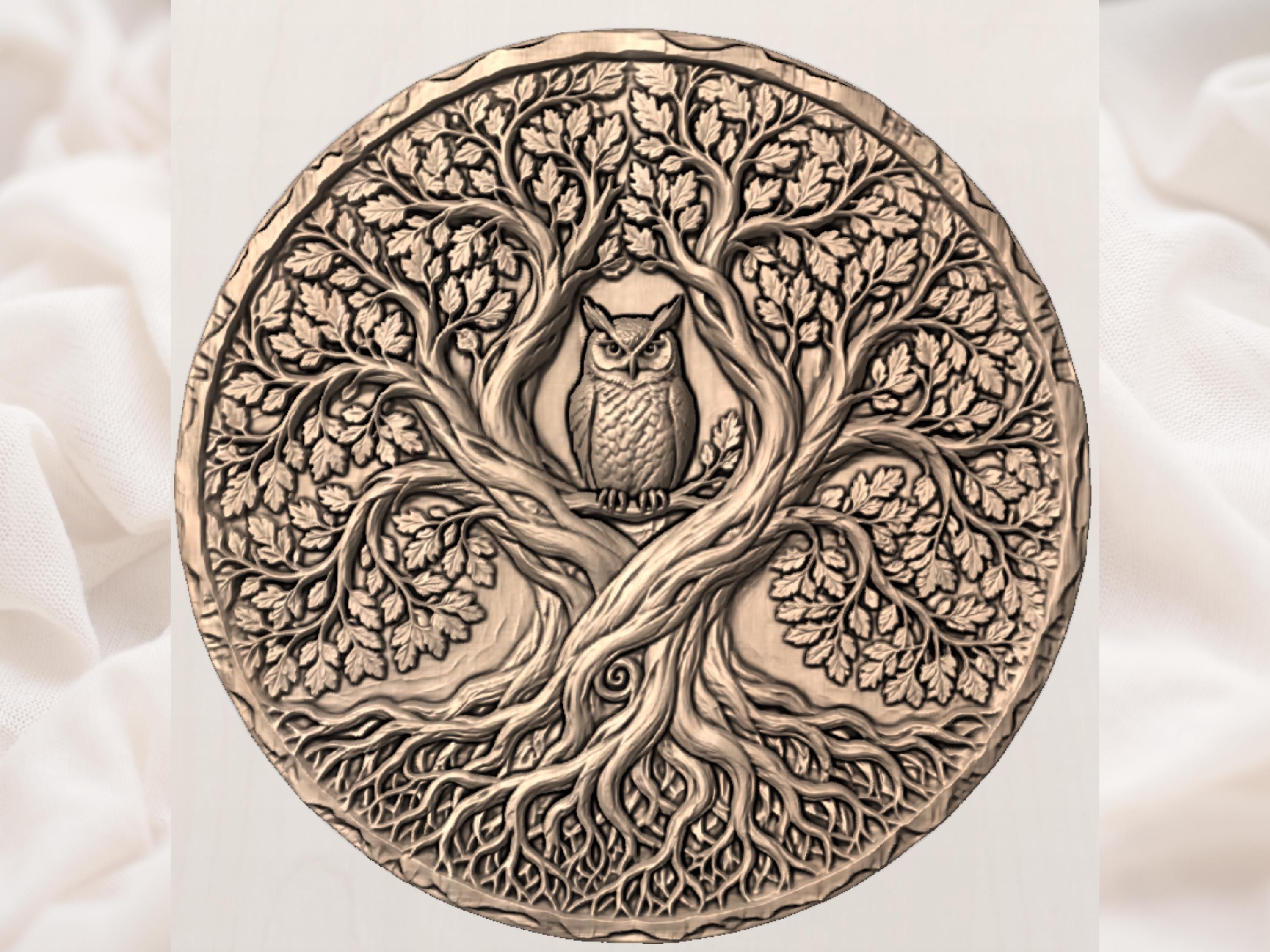 Owl in the Ancient Oak Tree of Life Bas-Relief STL bas-relief STL — view 2
