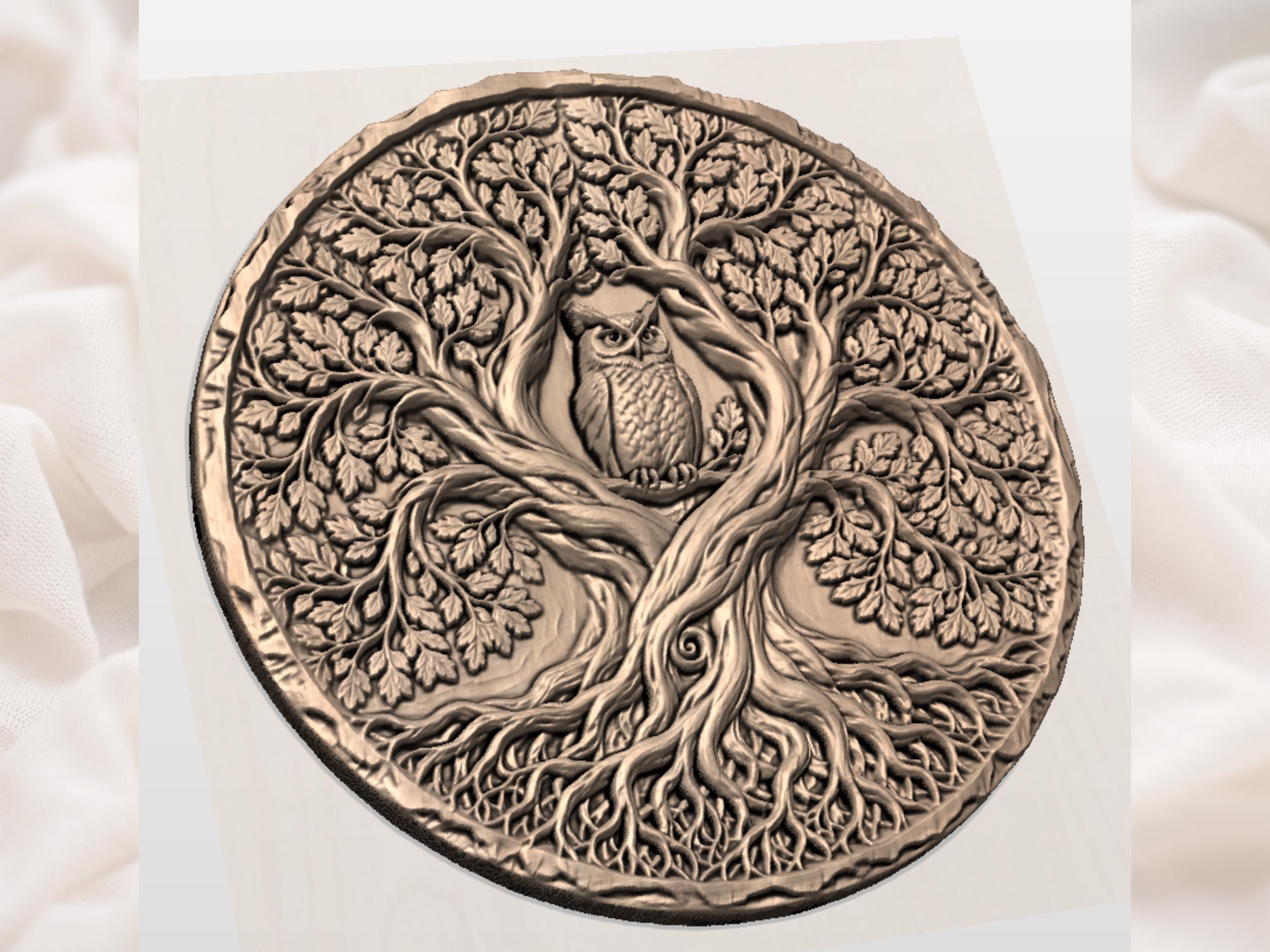 Owl in the Ancient Oak Tree of Life Bas-Relief STL bas-relief STL — view 3