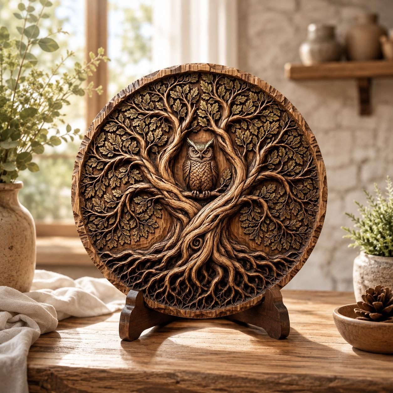 Owl in the Ancient Oak Tree of Life Bas-Relief STL bas-relief STL — view 4