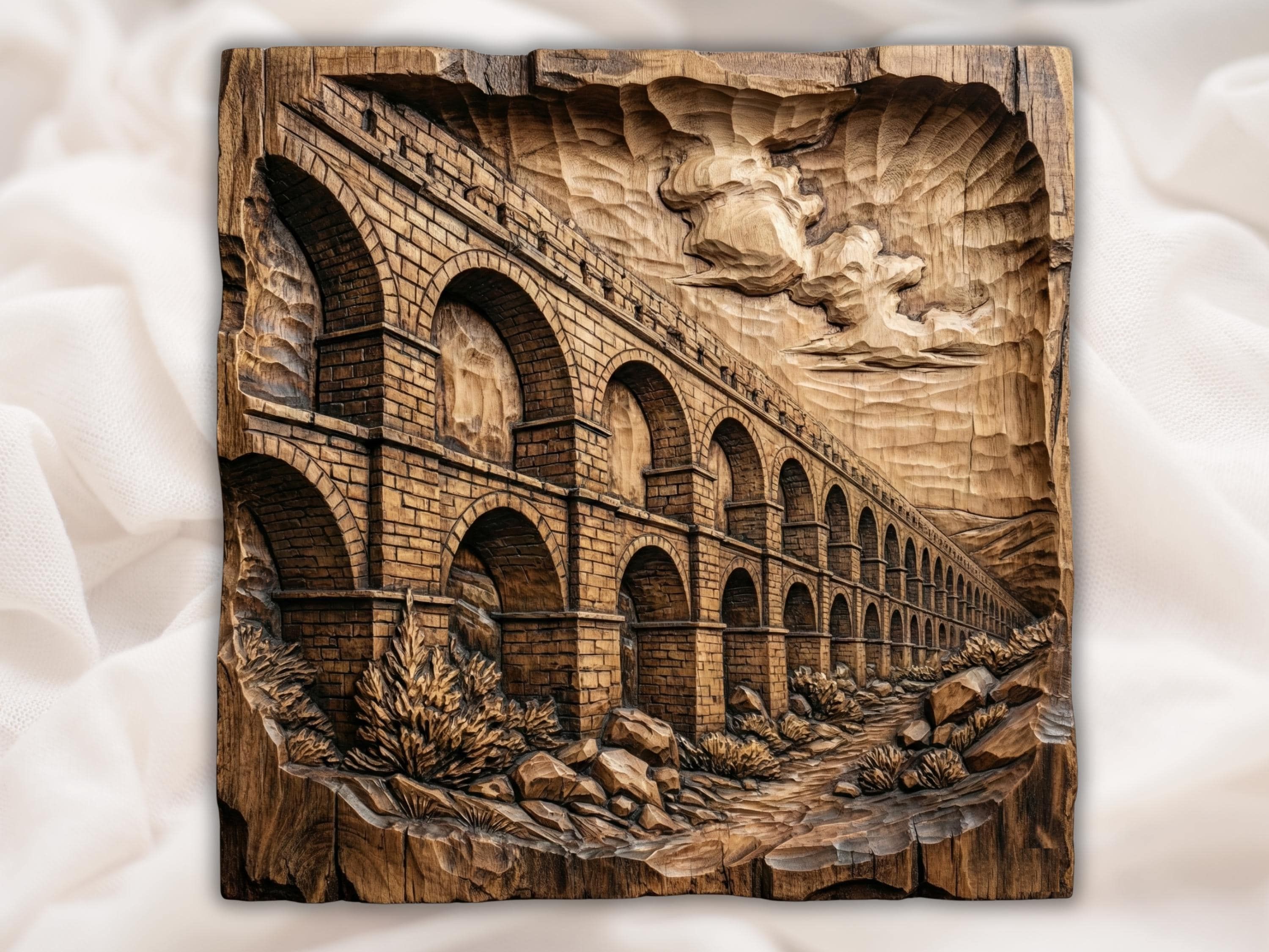 Carved wood bas-relief of a Roman aqueduct with tiered stone arches, rubble, and clouds above