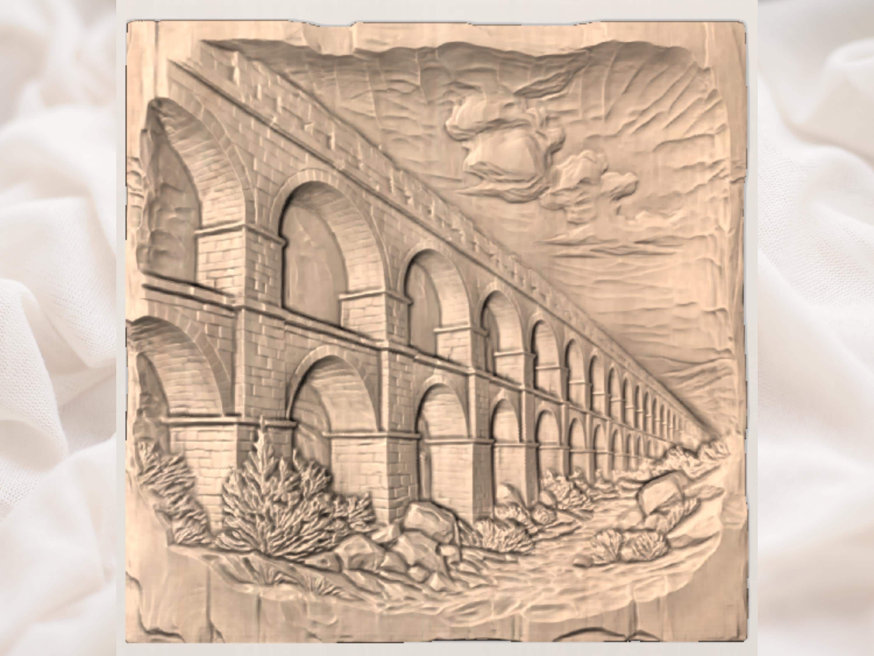 Roman Aqueduct Bas-Relief STL with Arched Stone Bridge bas-relief STL — view 3