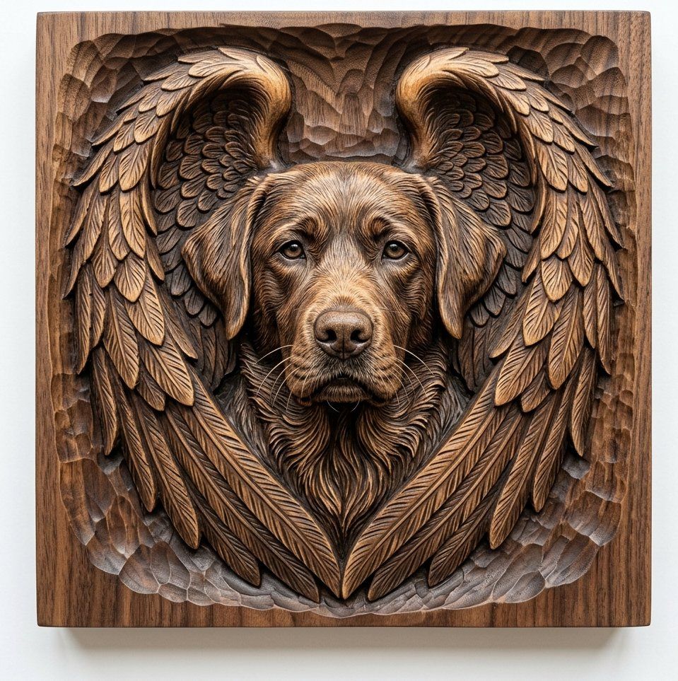 Angel Labrador Retriever Wall Art | Memorial Pet Relief Panel | Chocolate Lab Guardian Decor | Detailed Dog Sculpture | Aspire VCarve Pro — carved bas relief STL file for CNC