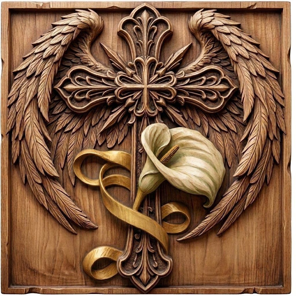 Angel Wings Cross with Calla Lily Memorial CNC Relief STL | Christian Wall Art Panel | Sacred Religious Wood Carving Design — carved bas relief STL file for CNC