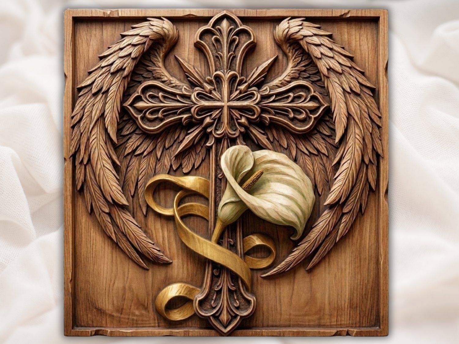 Angel Wings Cross with Calla Lily Memorial CNC Relief STL bas-relief STL — view 2