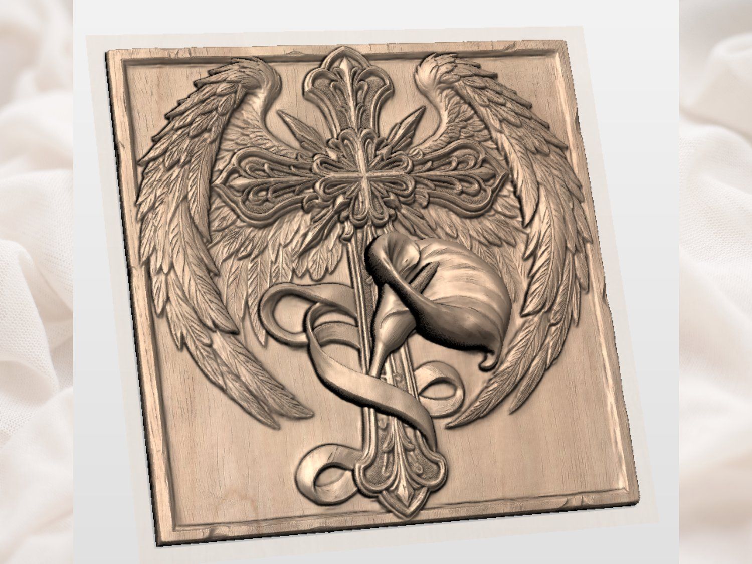 Angel Wings Cross with Calla Lily Memorial CNC Relief STL bas-relief STL — view 3
