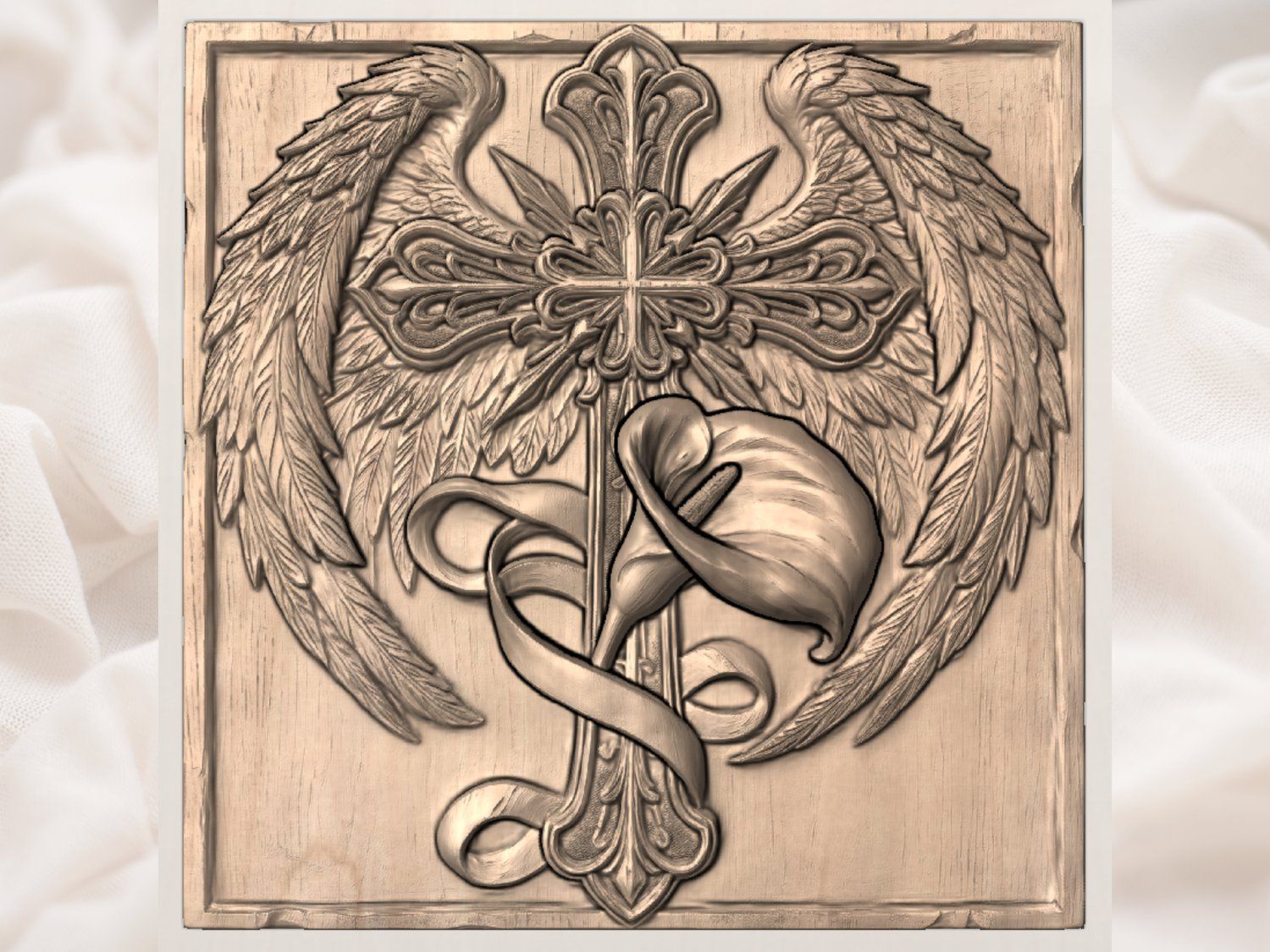 Angel Wings Cross with Calla Lily Memorial CNC Relief STL bas-relief STL — view 4