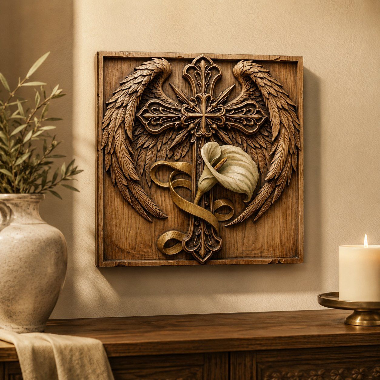 Angel Wings Cross with Calla Lily Memorial CNC Relief STL bas-relief STL — view 5