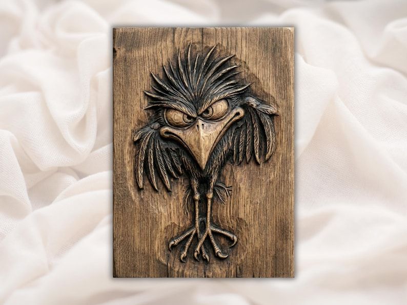 Bas-relief wood carving of a grumpy angry raven with ruffled feathers, sharp beak, and splayed feet.