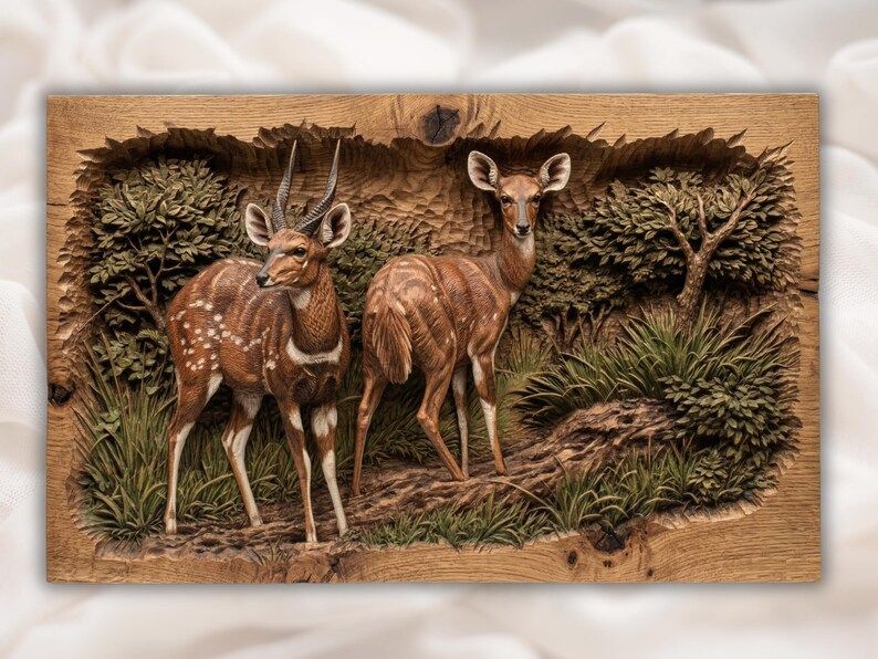Carved wood bas-relief of two bushbuck antelope standing in woodland grass with trees behind them.