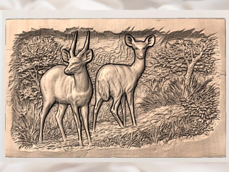 Bushbuck Pair in Woodland Bas-Relief STL for CNC Carving bas-relief STL — view 2