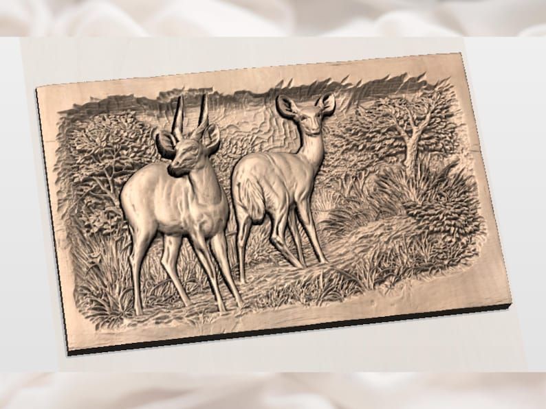Bushbuck Pair in Woodland Bas-Relief STL for CNC Carving bas-relief STL — view 3