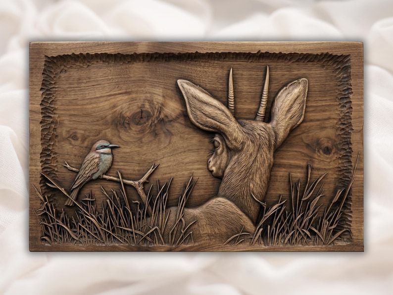 Carved wood bas-relief of a gazelle resting in tall grass watching a small bird on a branch