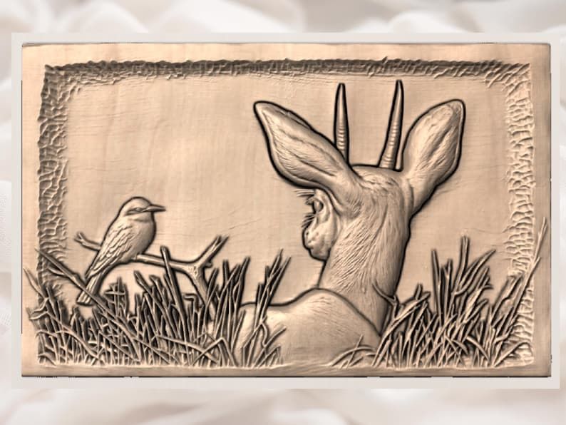 Gazelle and Bird at the Grass Edge Bas-Relief STL bas-relief STL — view 2