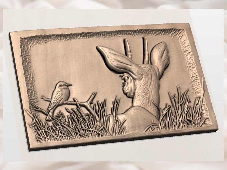 Gazelle and Bird at the Grass Edge Bas-Relief STL bas-relief STL — view 3