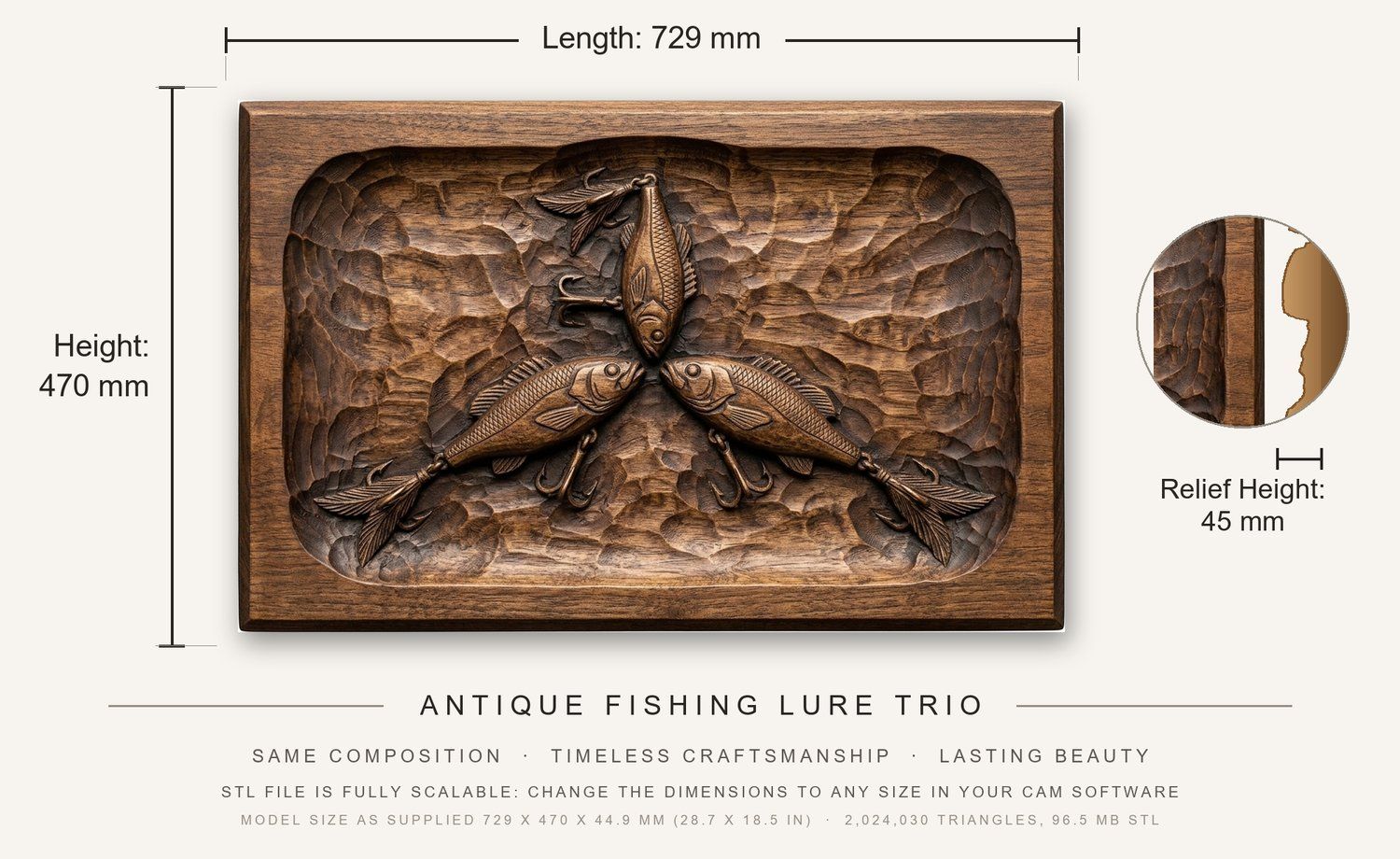 Antique Fishing Lure Trio CNC Relief STL bas-relief STL — view 3