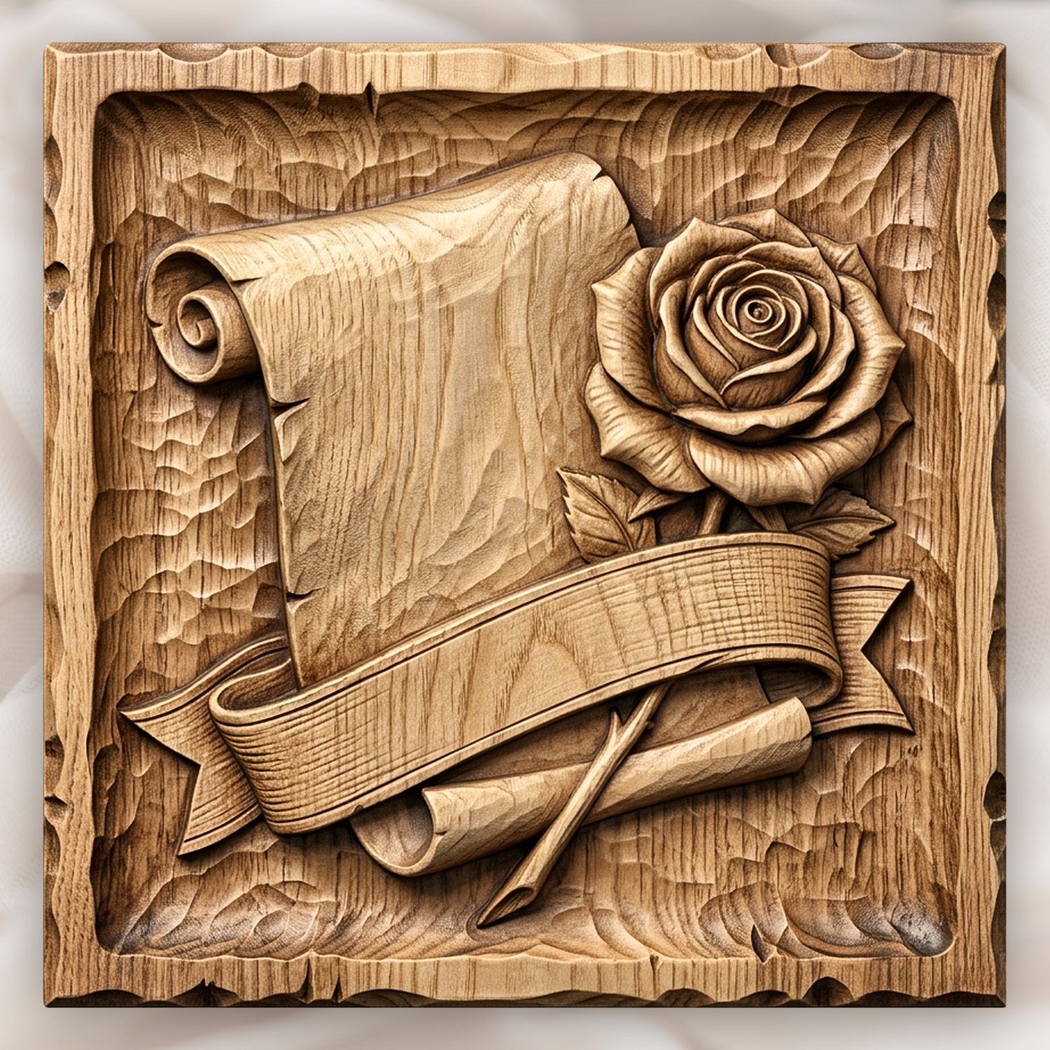 Antique Scroll Rose and Ribbon Banner CNC Relief STL | Vintage Parchment Wood Carving Design | Romantic Floral Wall Art Panel — carved bas relief STL file for CNC