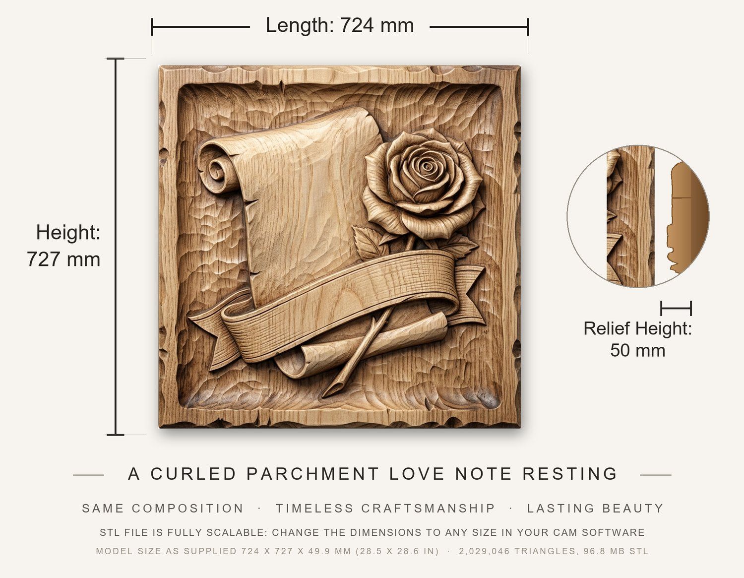 Antique Scroll Rose and Ribbon Banner CNC Relief STL bas-relief STL — view 3