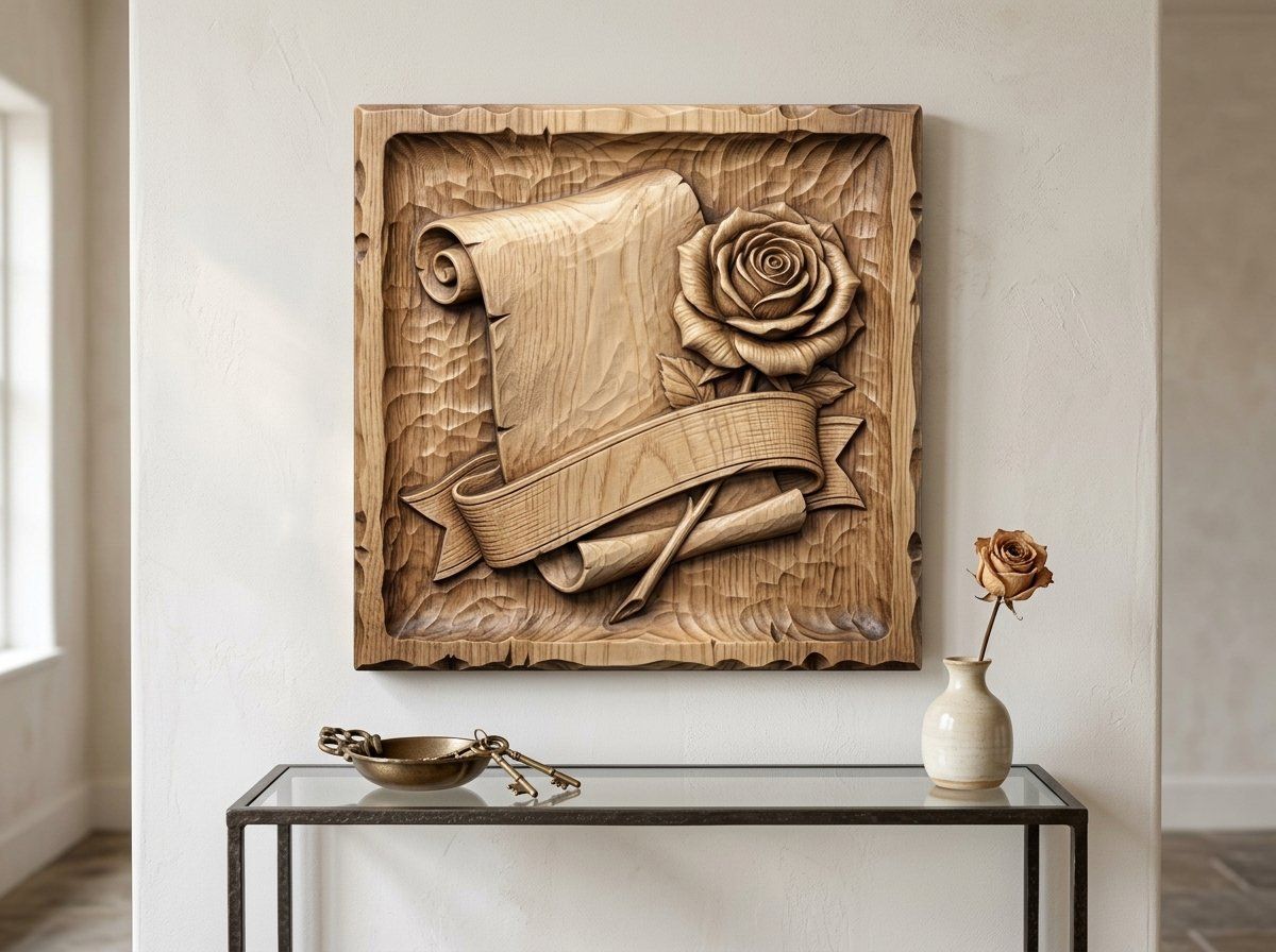 Antique Scroll Rose and Ribbon Banner CNC Relief STL bas-relief STL — view 14