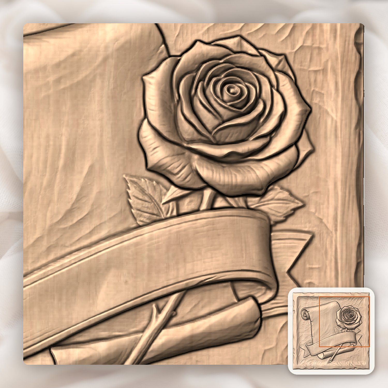 Antique Scroll Rose and Ribbon Banner CNC Relief STL bas-relief STL — view 7
