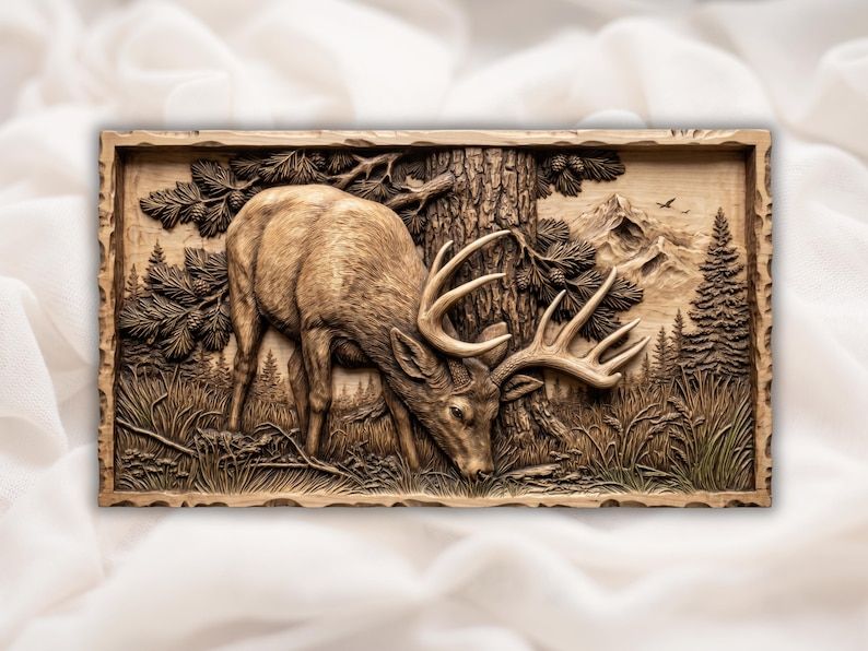Carved bas-relief of a buck deer grazing under a pine tree with ferns, mountains, and forest in the background.