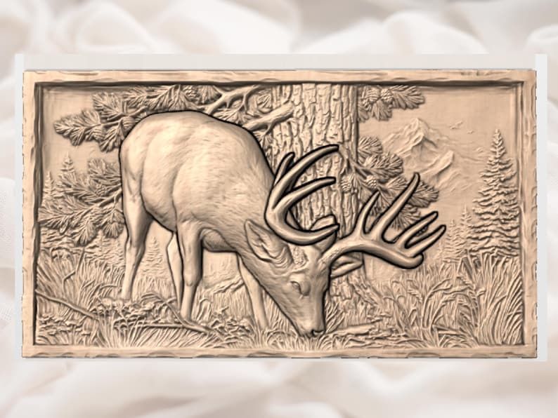Grazing Buck in the Pines Bas-Relief Forest Scene STL bas-relief STL — view 2
