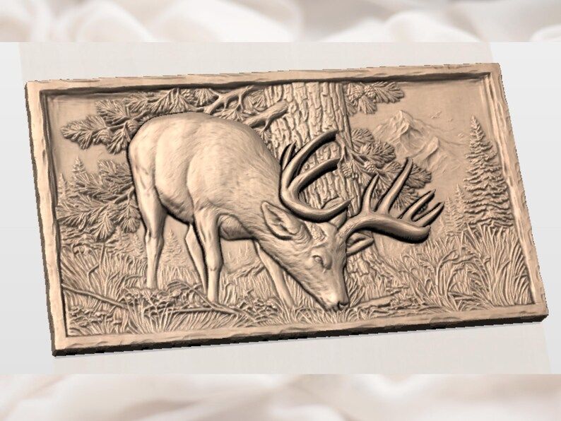 Grazing Buck in the Pines Bas-Relief Forest Scene STL bas-relief STL — view 3