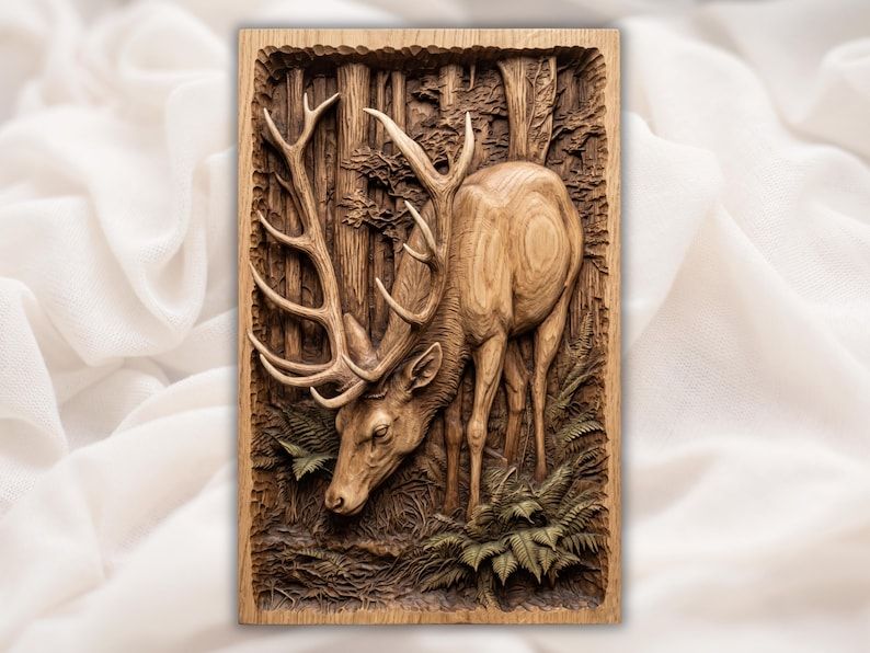 Carved wood bas-relief of an antlered stag grazing among ferns in front of tall forest trees