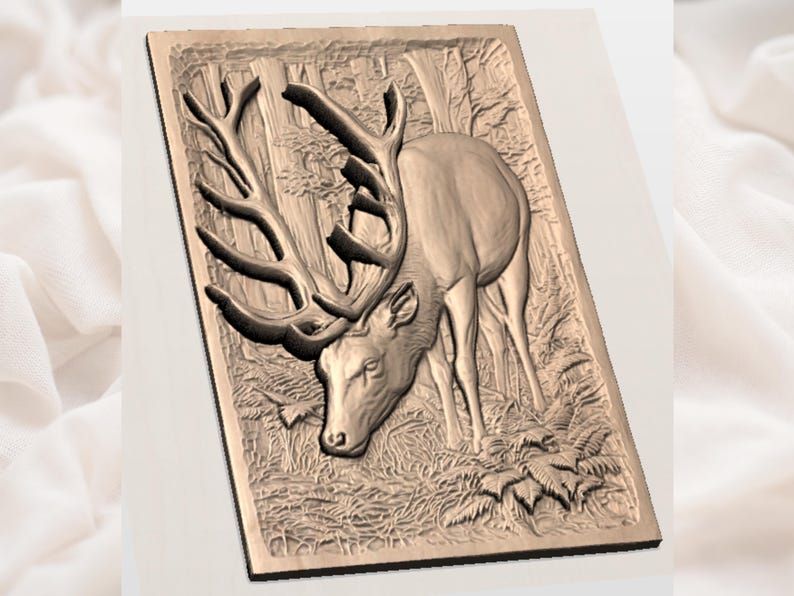 Grazing Stag in the Ferns Forest Bas-Relief STL Carving bas-relief STL — view 2