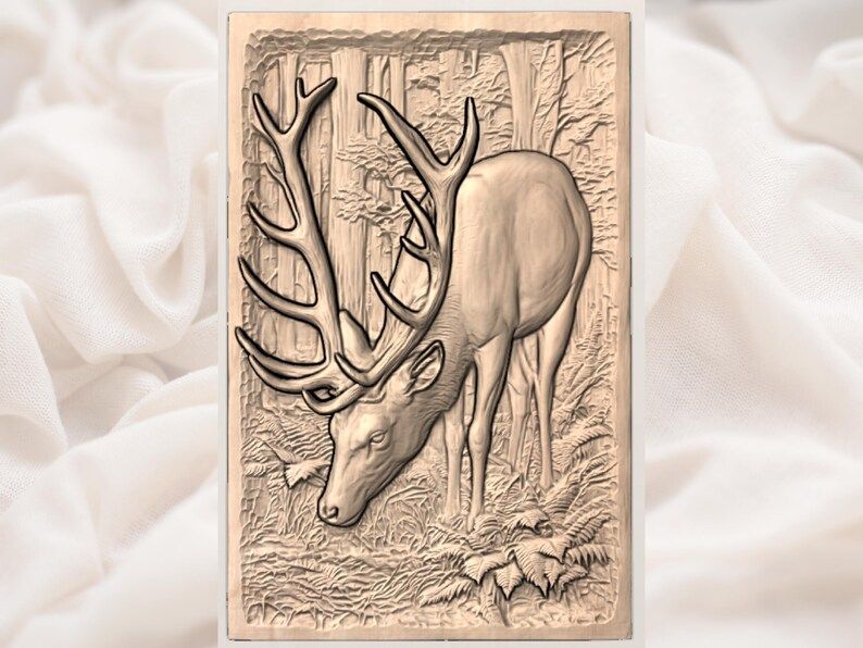 Grazing Stag in the Ferns Forest Bas-Relief STL Carving bas-relief STL — view 3