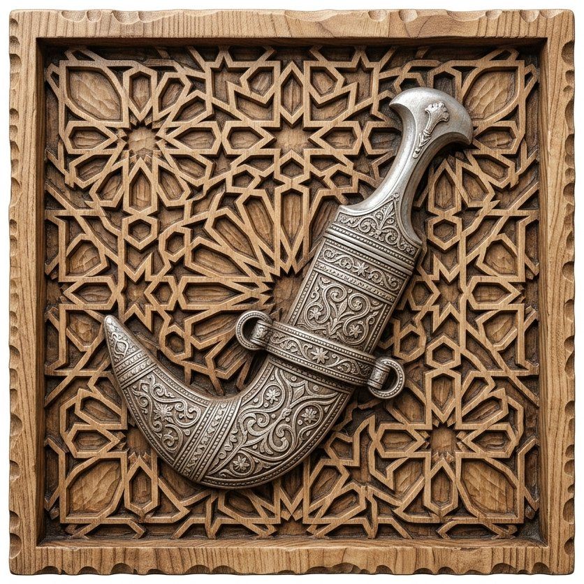 Arabian Khanjar Dagger Geometric Panel CNC Relief STL | Islamic Wall Art Design | Middle Eastern Decor Carving — carved bas relief STL file for CNC