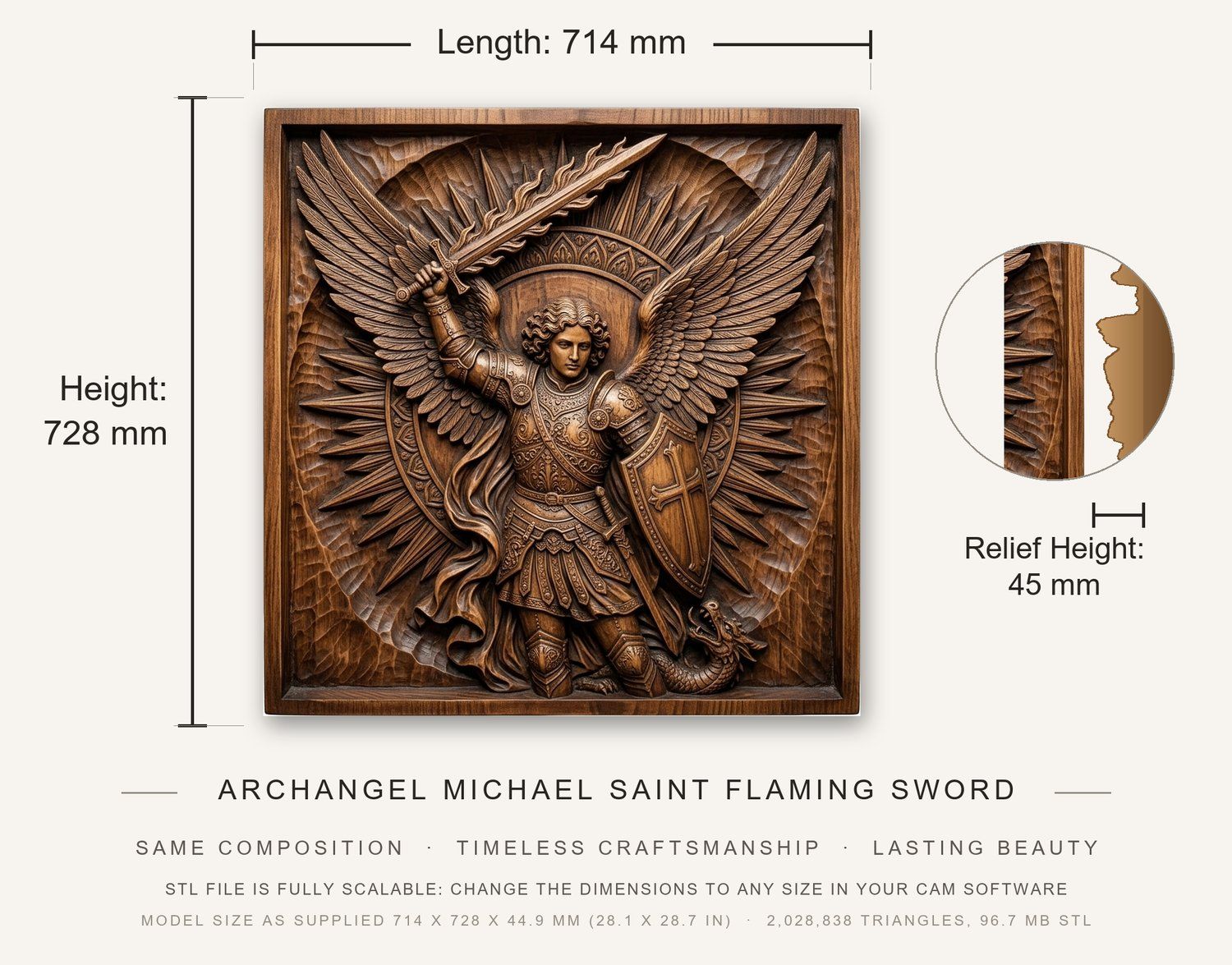 Archangel Michael Saint Flaming Sword CNC Relief STL bas-relief STL — view 3