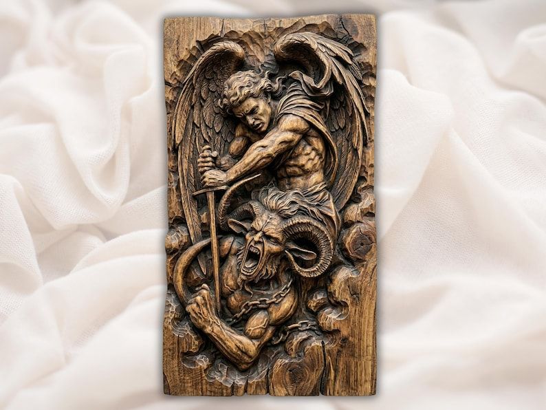 Carved wood bas-relief of winged Saint Michael driving a sword into a horned demon below him
