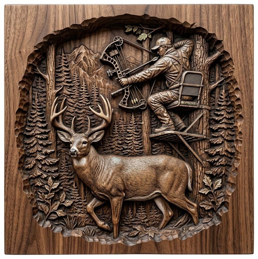 Archer Bow Hunter Deer Forest Scene CNC Relief STL | Wildlife Nature Wood Art | Rustic Mountain Cabin Wall Panel — carved bas relief STL file for CNC