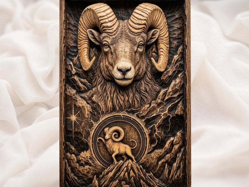 Carved bas-relief of a bighorn ram head above an Aries zodiac figure on a rocky mountain peak in a medallion