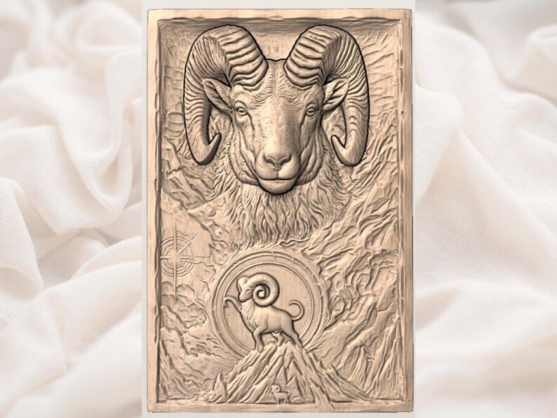 Bighorn Ram and Aries Zodiac Mountain Bas-Relief STL bas-relief STL — view 2