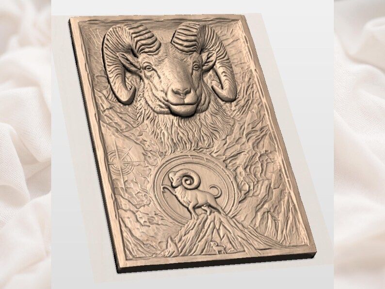 Bighorn Ram and Aries Zodiac Mountain Bas-Relief STL bas-relief STL — view 3
