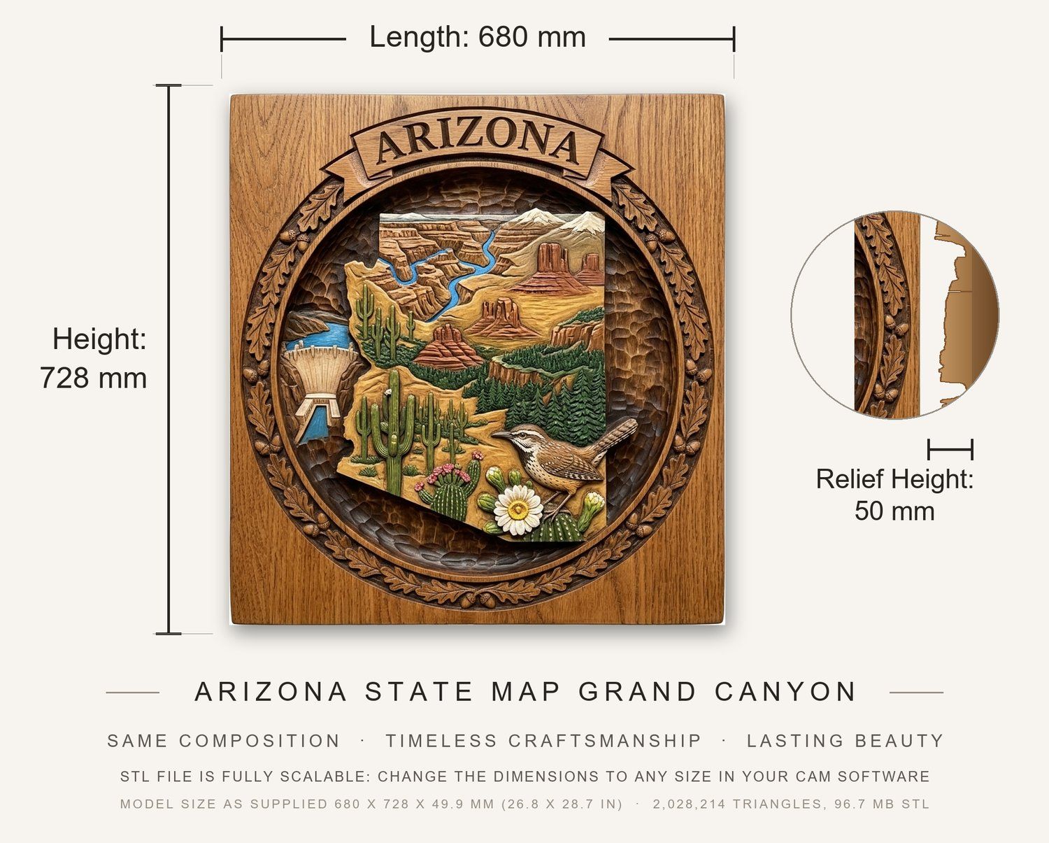 Arizona State Map Grand Canyon CNC Relief STL bas-relief STL — view 3