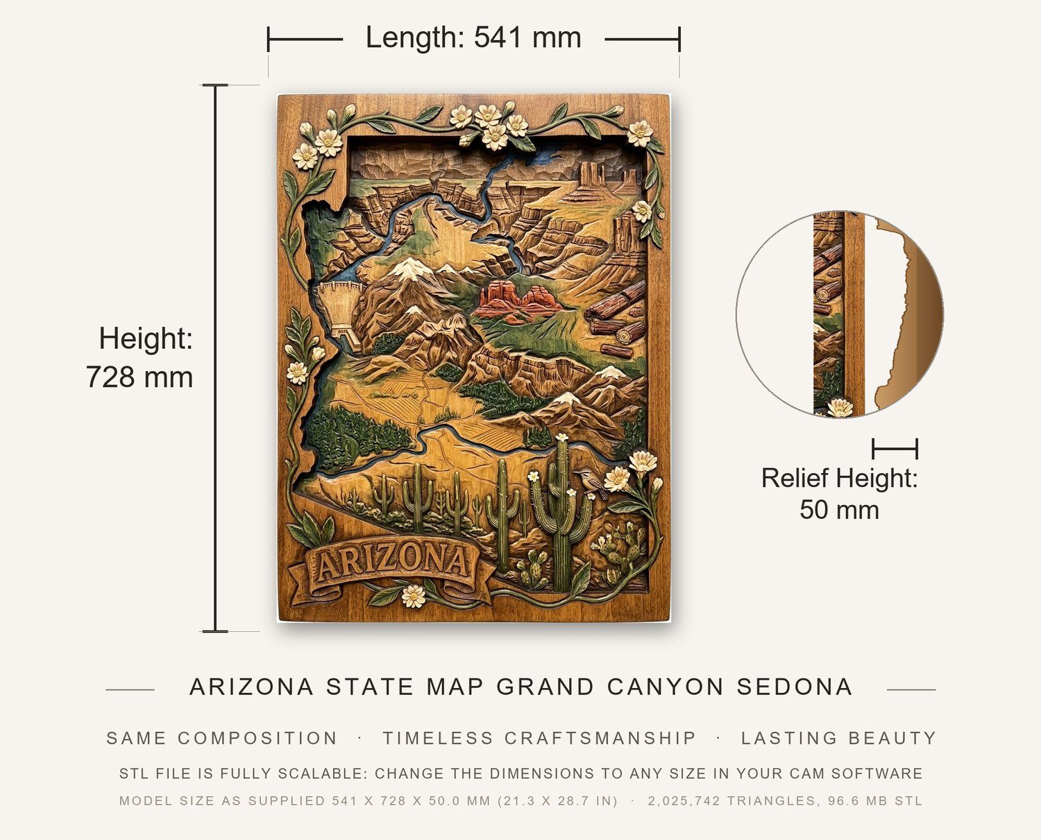 Arizona State Map Grand Canyon Sedona CNC Relief STL bas-relief STL — view 3