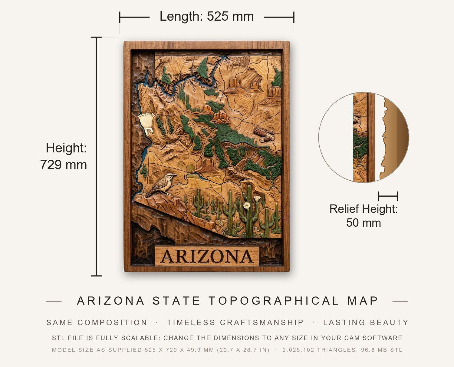 Arizona State Topographical Map CNC Relief STL bas-relief STL — view 3
